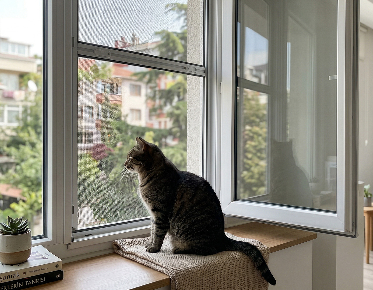 Ankara kedi sinekliği, pencereye takılan dayanıklı kedi koruma filesi ve sineklik sistemi